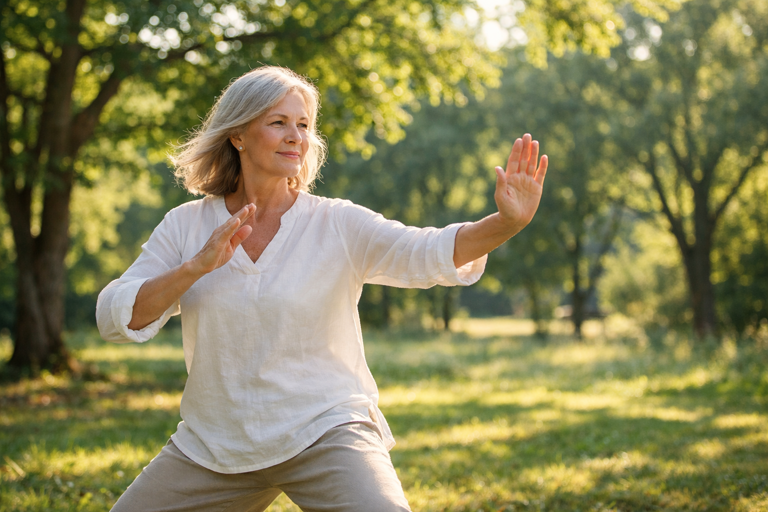 Femeie matură practicând tai chi în parc